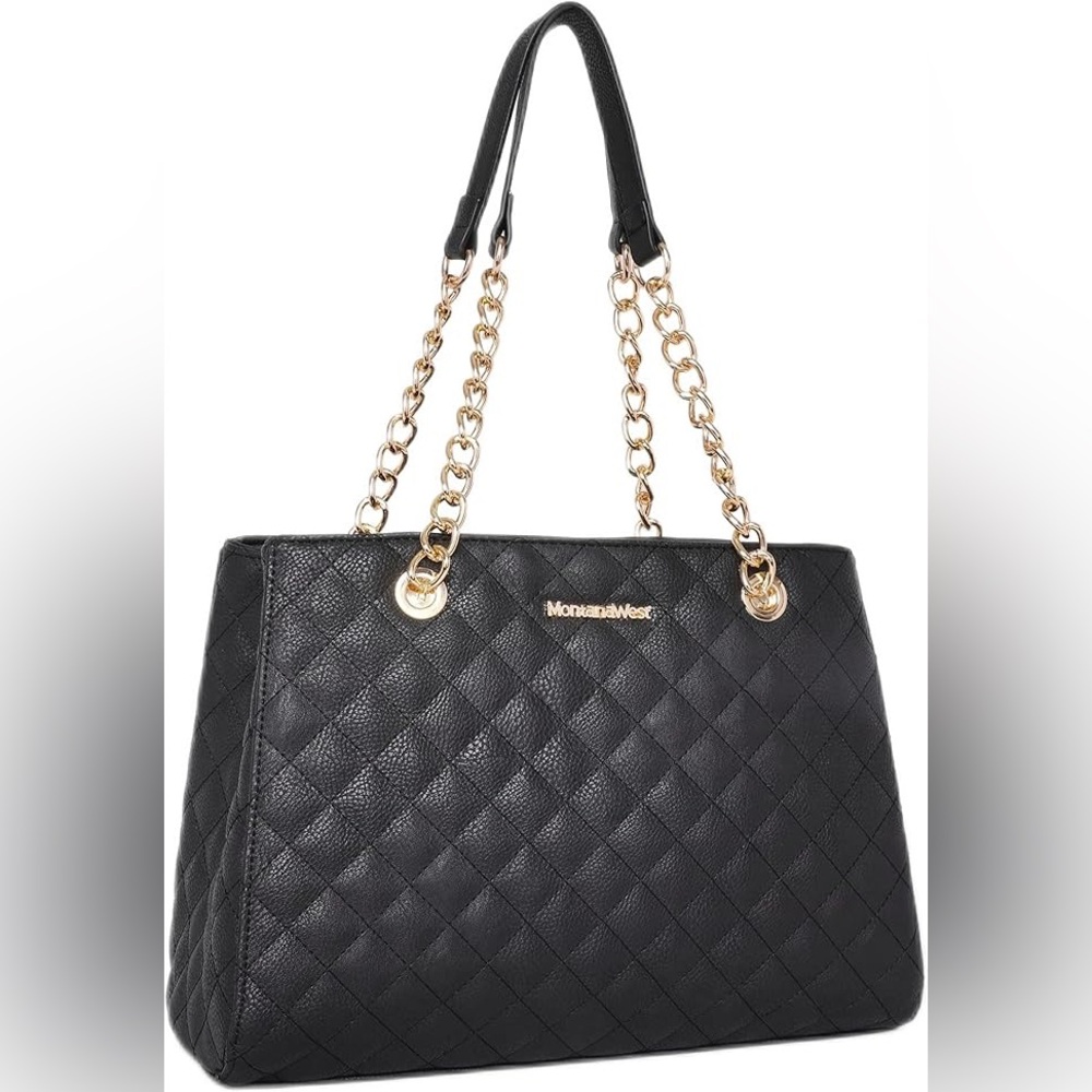 NWOT Montana West Black Quilted Shoulder Bag with Gold Chain